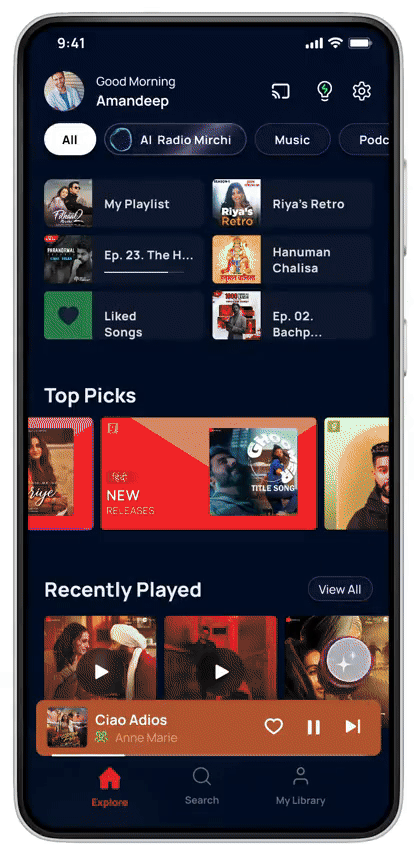 Gaana AI Radio Bottomsheet Animation