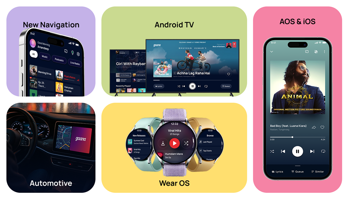 Abstract hero image showing multiple device screens floating with music interface